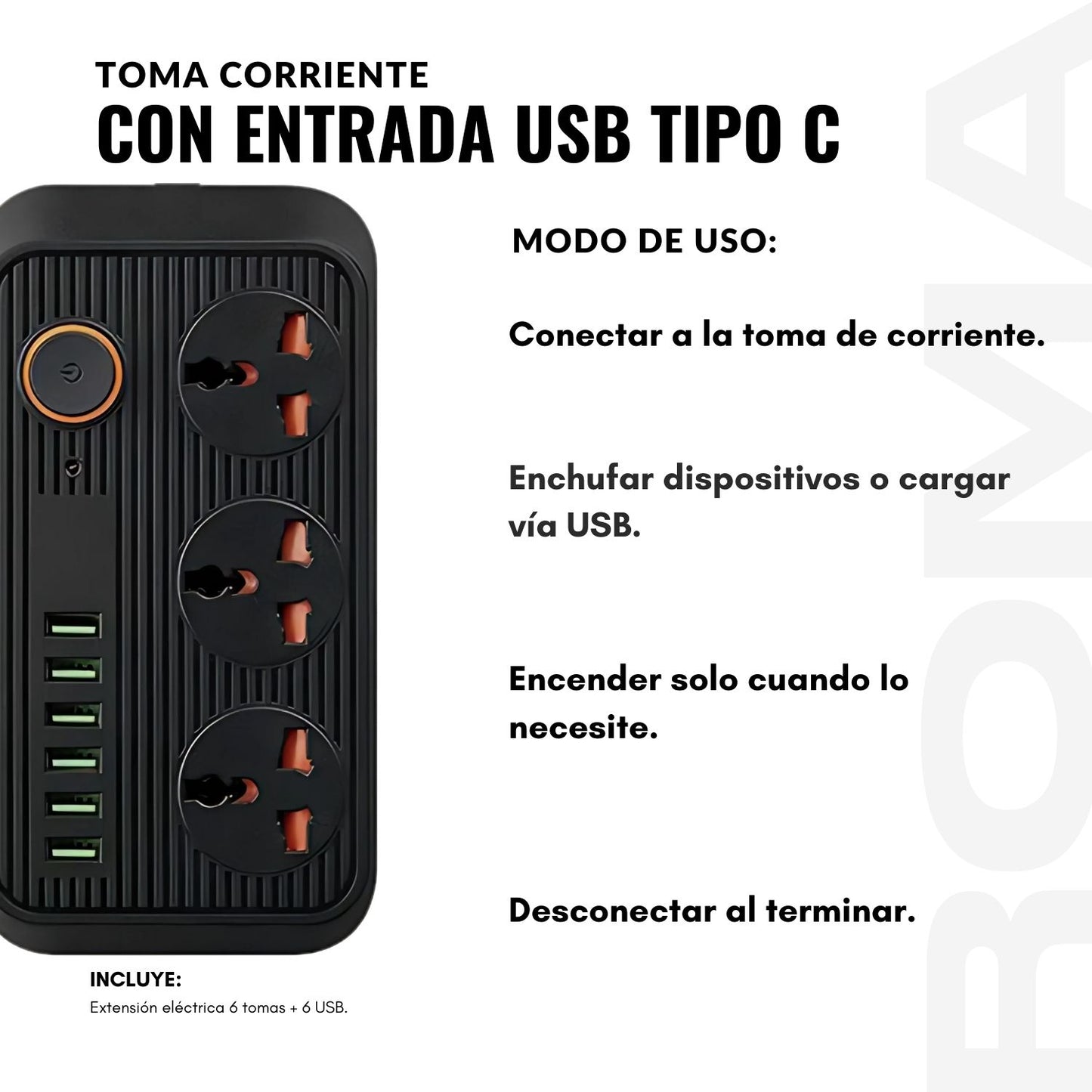 EXTENSIÓN TOMACORRIENTE 6 TOMAS + 6 USB