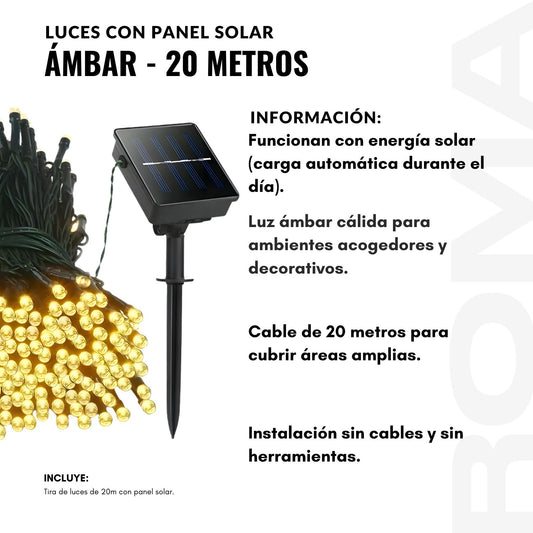 LUCES CON PANEL SOLAR ÁMBAR 20 METROS