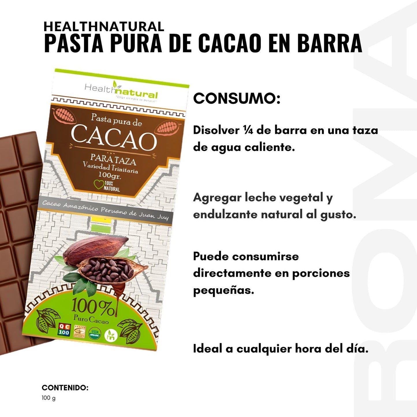 PASTA PURA DE CACAO EN BARRA 100G HEALTHNATURAL