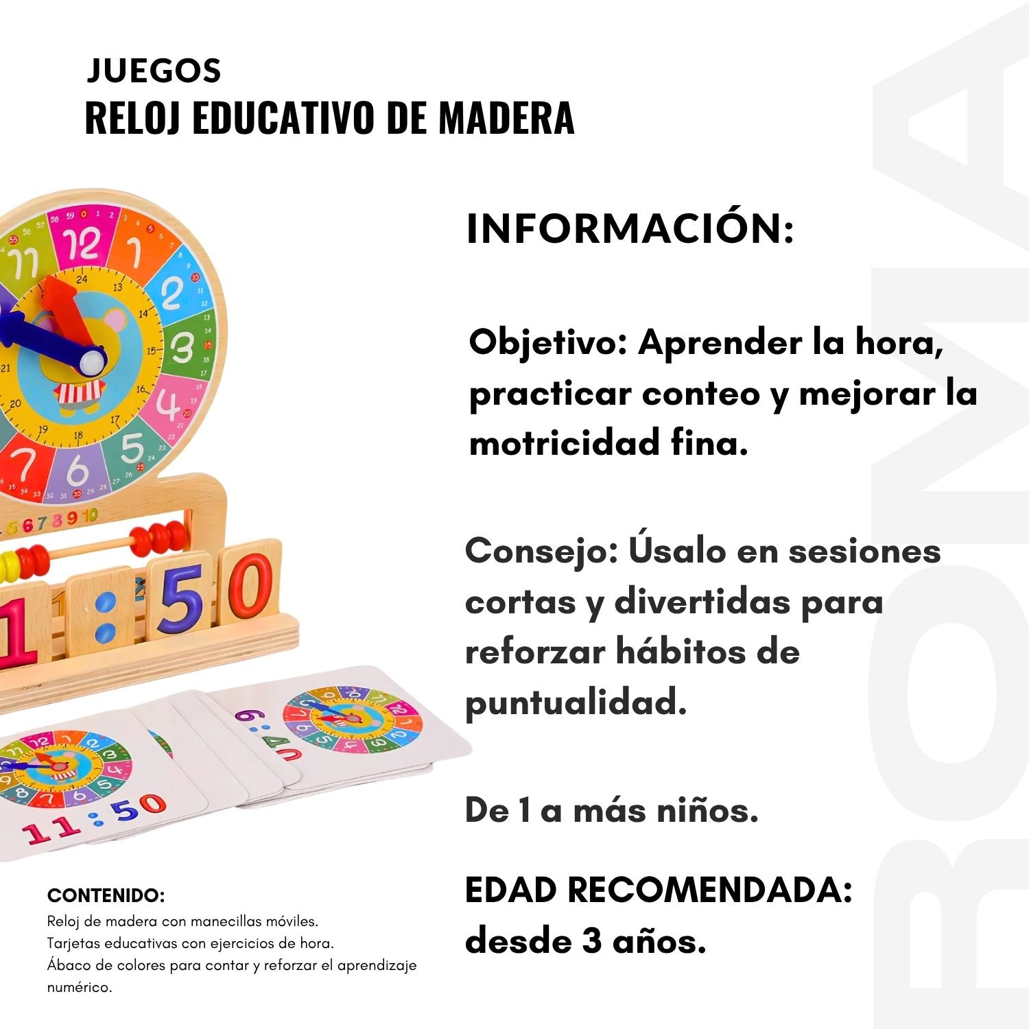 RELOJ Y HORARIO EDUCATIVO DE MADERA - JUEGO EDUCATIVO