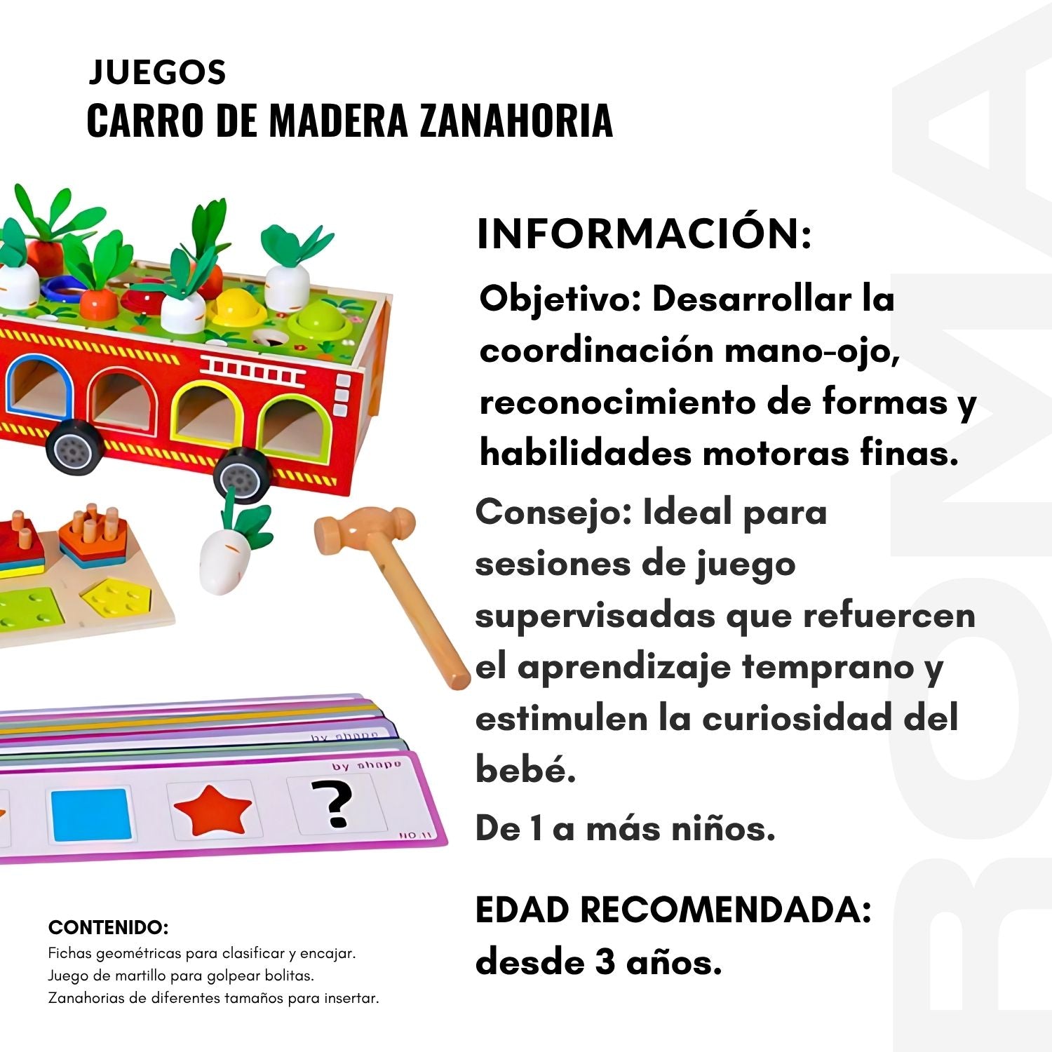 CARRO MULTIFUNCIONAL DE MADERA ZANAHORIA - JUEGO DIDÁTICO