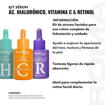 KIT SÉRUM ÁCIDO HIALURÓNICO, VITAMINA C Y RETINOL 3 PZS BIOAQUA
