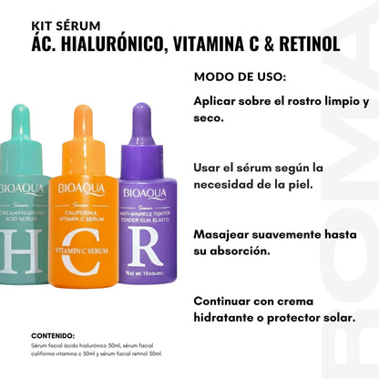 KIT SÉRUM ÁCIDO HIALURÓNICO, VITAMINA C Y RETINOL 3 PZS BIOAQUA