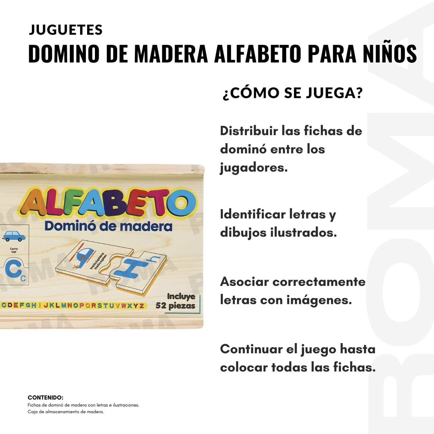 DOMINÓ DE MADERA ALFABETO PARA NIÑOS