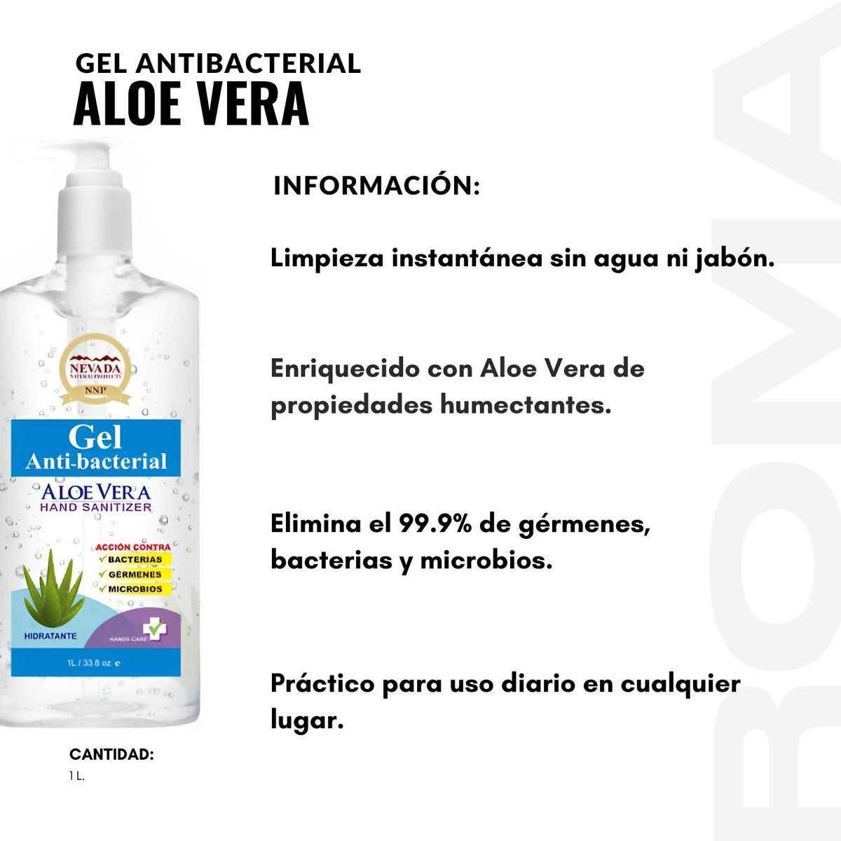 Aleo Roma M GEL ANTIBACTERIAL ALOE VERA 1L NEVADA – ROMA IMPORT