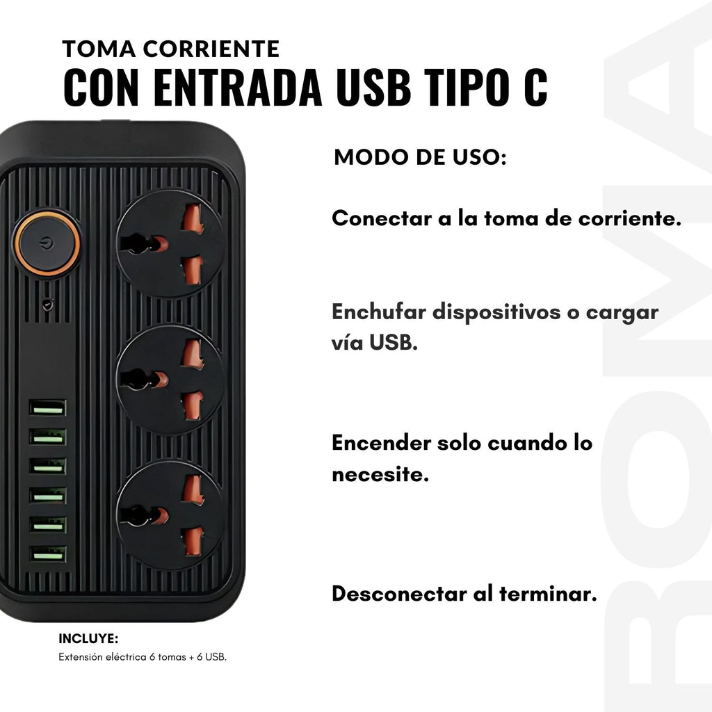 EXTENSIÓN TOMACORRIENTE 6 TOMAS + 6 USB