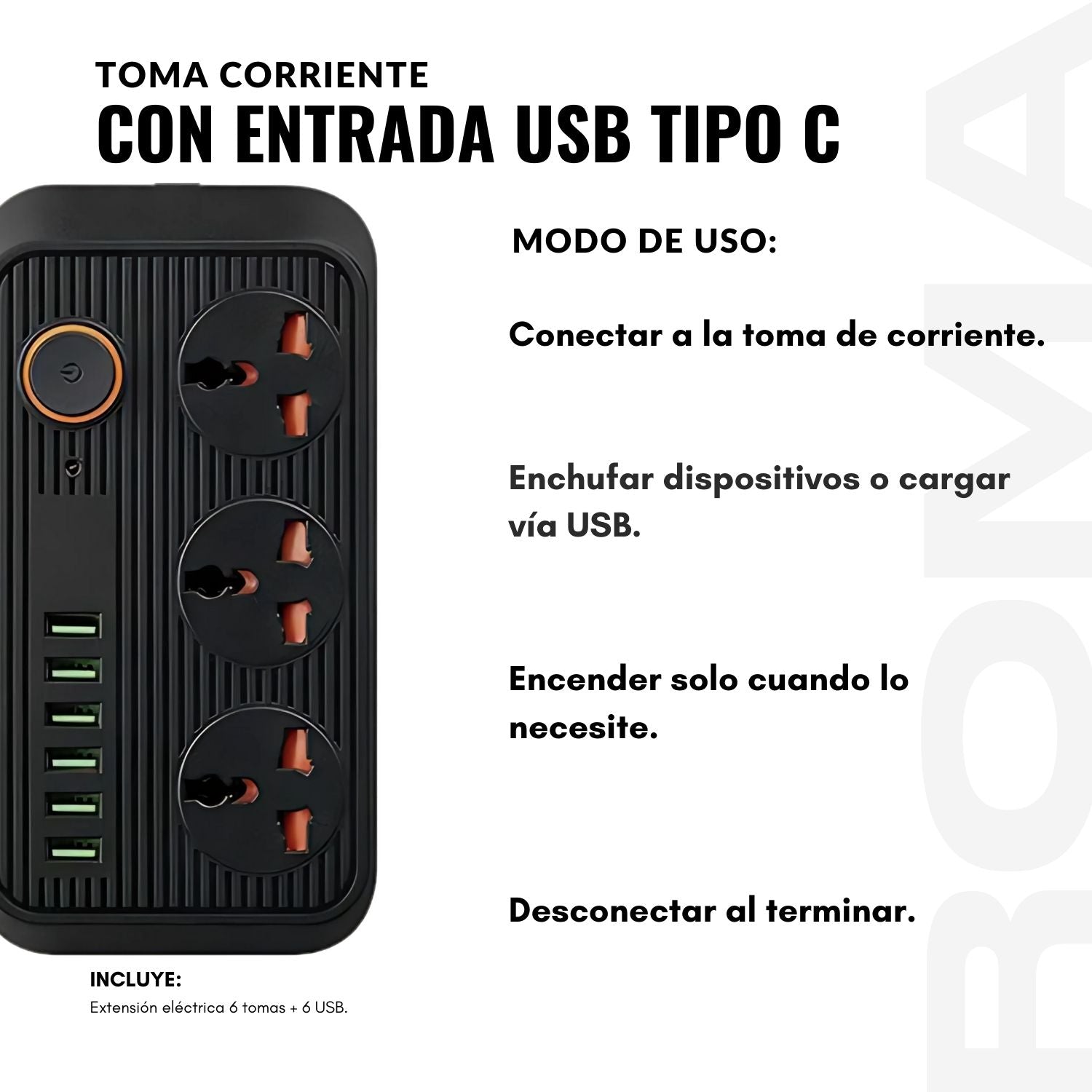 EXTENSIÓN TOMACORRIENTE 6 TOMAS + 6 USB