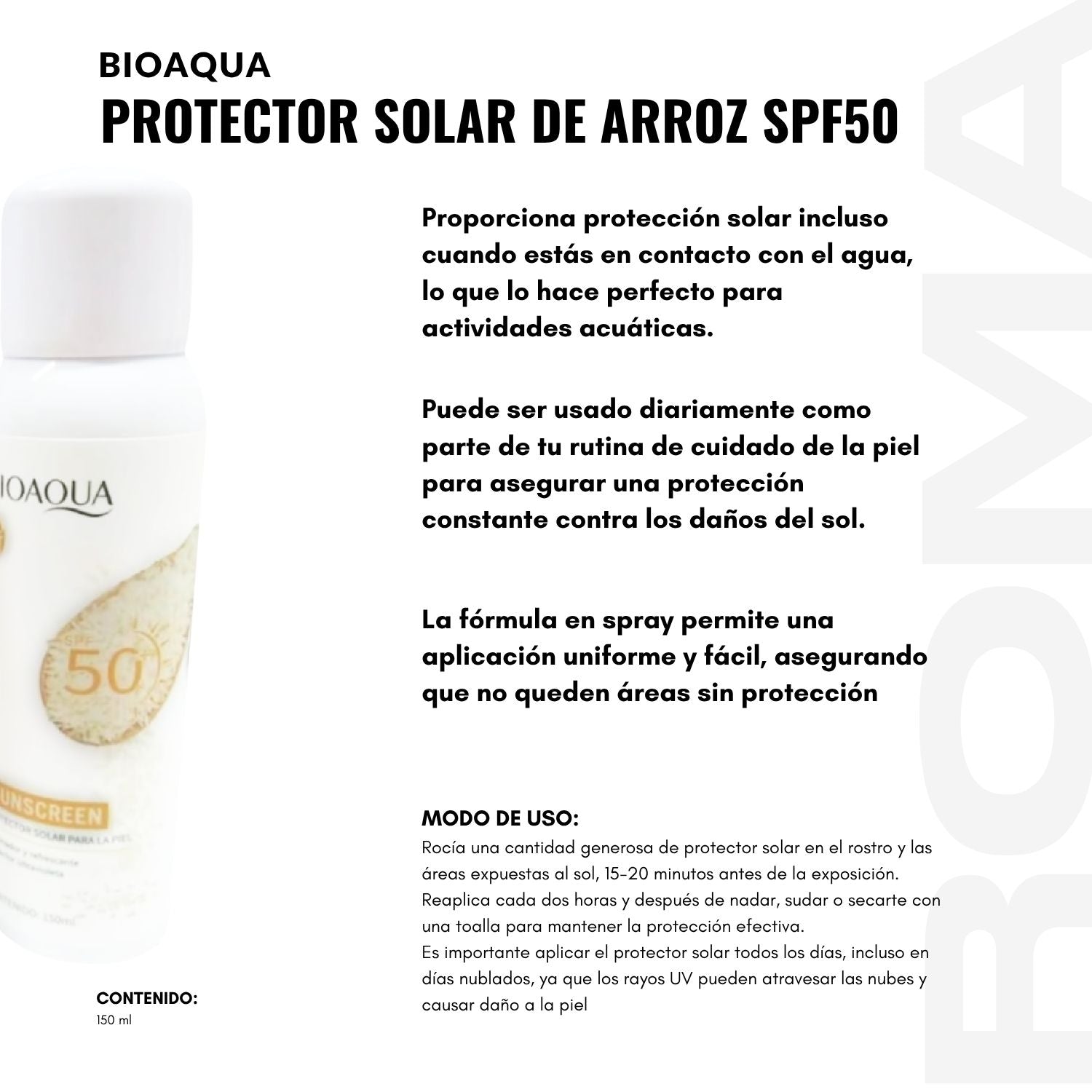 PROTECTOR SOLAR HIDRATANTE DE ARROZ EN SPRAY SPF50 BIOAQUA 150ML