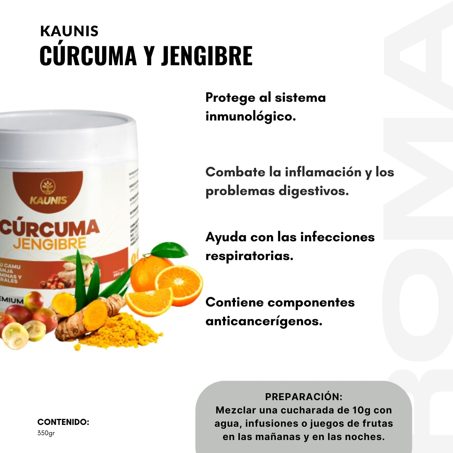 CURCUMA JENGIBRE CAMU CAMU + NARANJA+ VITAMINAS Y MINERALES 350G
