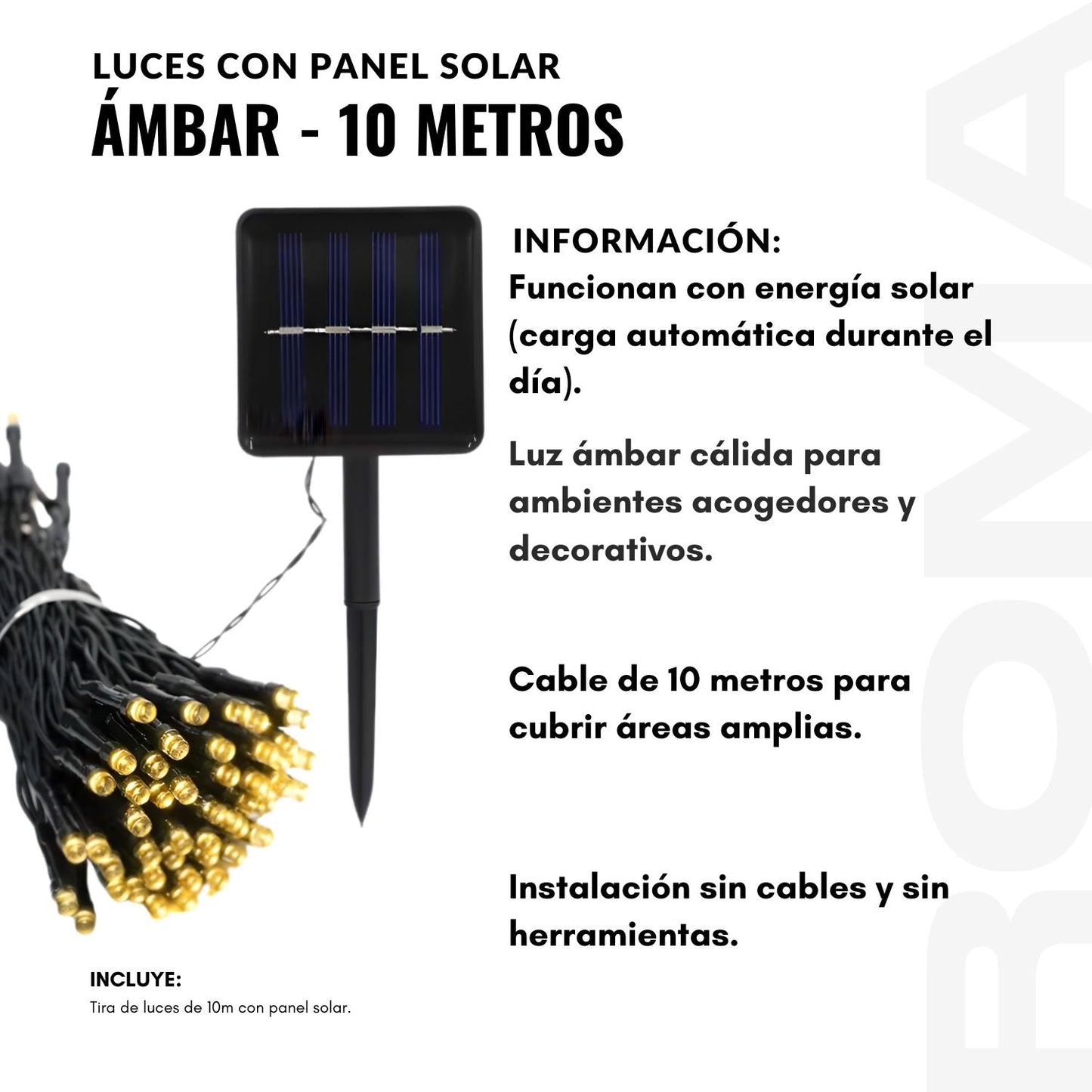 LUCES CON PANEL SOLAR ÁMBAR 10 METROS