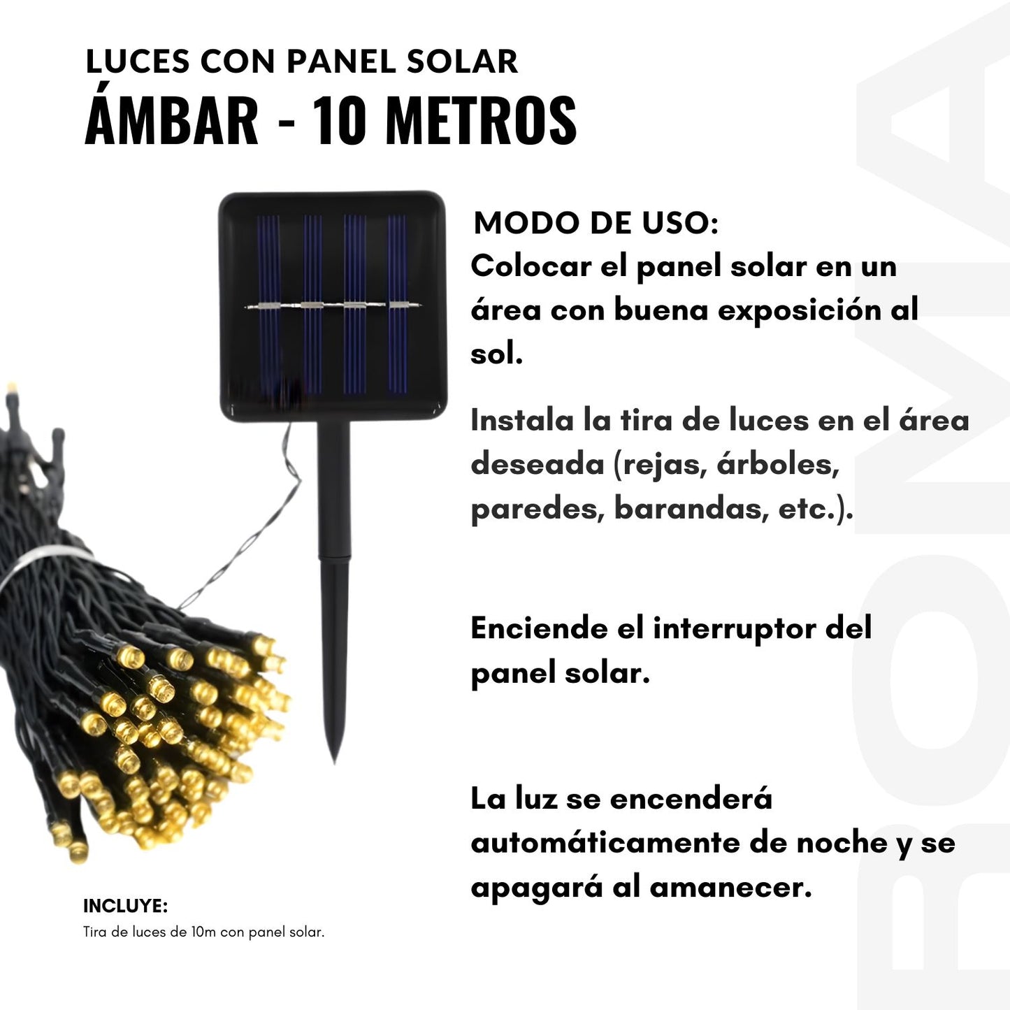 LUCES CON PANEL SOLAR ÁMBAR 10 METROS