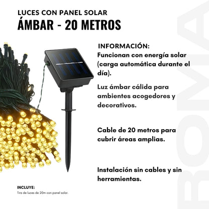 LUCES CON PANEL SOLAR ÁMBAR 20 METROS