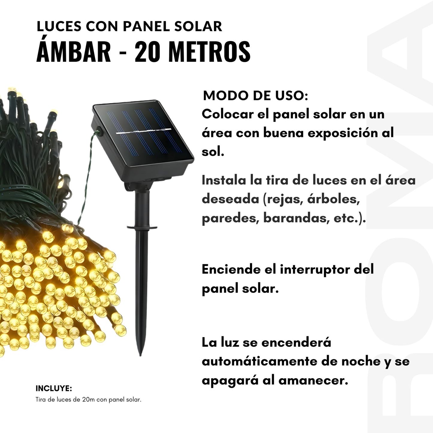 LUCES CON PANEL SOLAR ÁMBAR 20 METROS