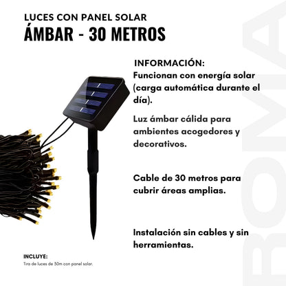 LUCES CON PANEL SOLAR ÁMBAR 30 METROS