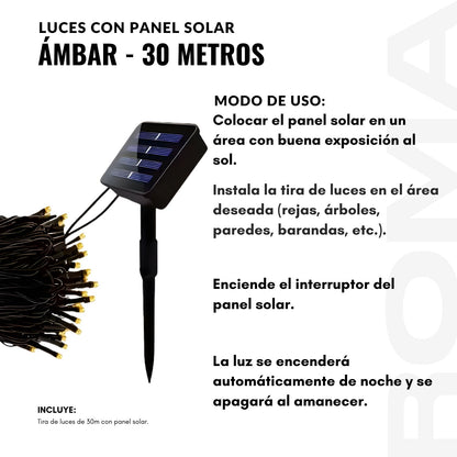 LUCES CON PANEL SOLAR ÁMBAR 30 METROS